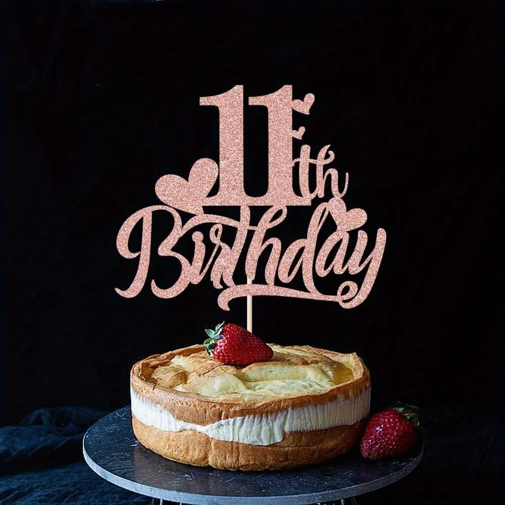 Roségoldener Tortenaufsatz zum 11. Geburtstag – glitzernde Roségold-Kuchendekoration zum 11. Geburtstag, eleganter Tortenaufsatz zum Kindergeburtstag – Detail 4