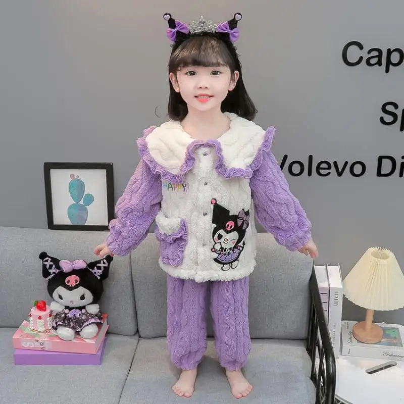 Sanrios Child Pajamas Coral Fleece Girl Kawaii Cartoon Autumn Winter Thicken Keep Warm Plus Velvet Child Lounge Clothes Suit