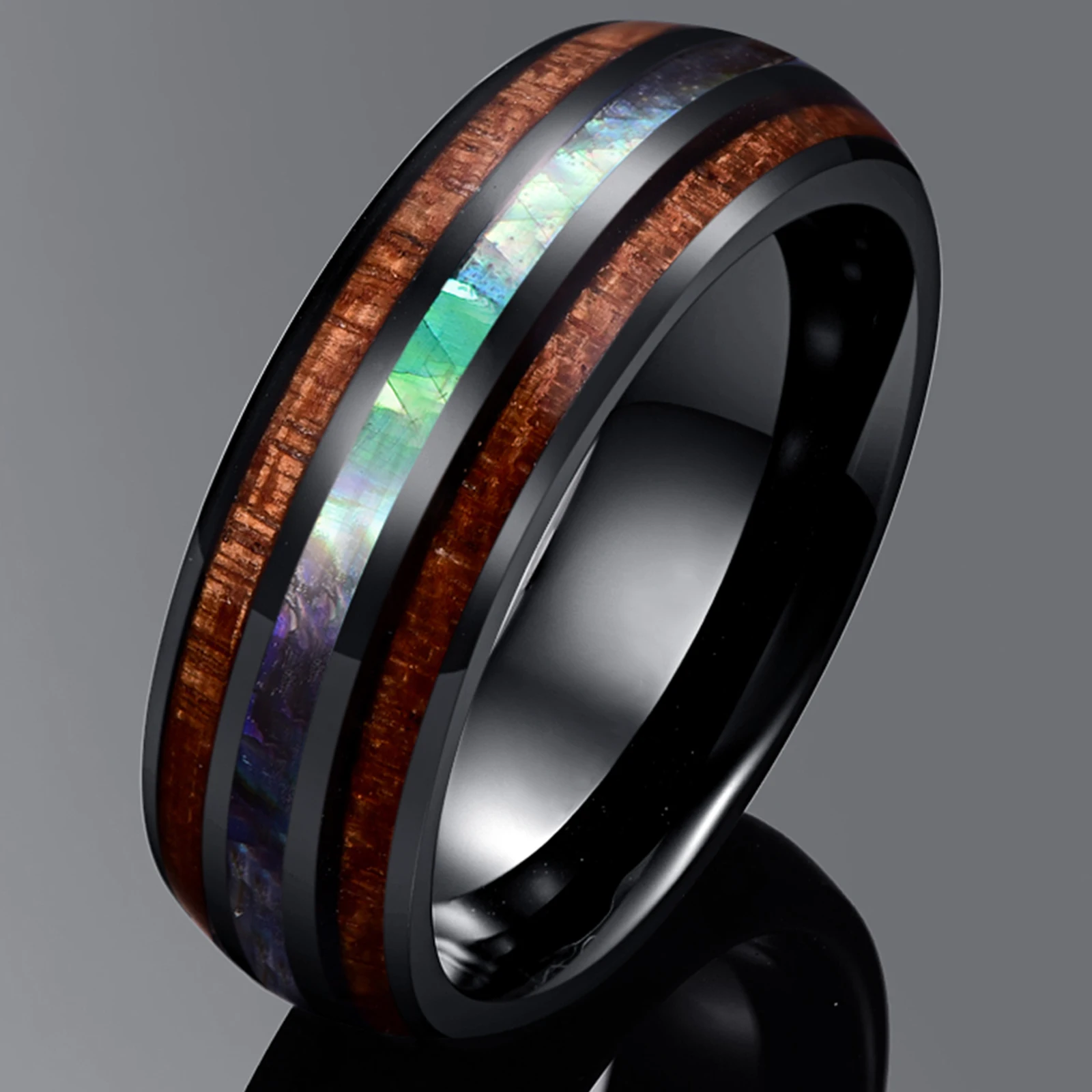 NUNCAD 8mm Width Tungsten Carbide Ring 2.3MM Thick Electroplated Black Inlaid Acacia + Abalone Shell Tungsten Steel Men's Ring