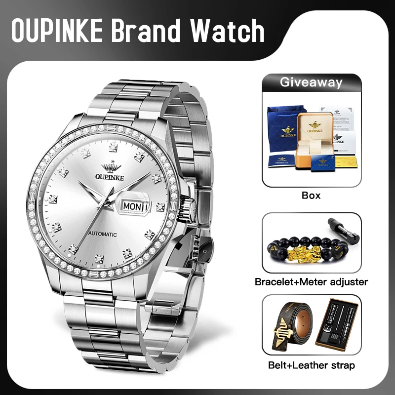 ﻿OUPINKE 3261 Mens Watch Automatic Mechanical Watch﻿ 50M Waterproof Watches For Men Sapphire Dual Calendar Watch Original Gifts