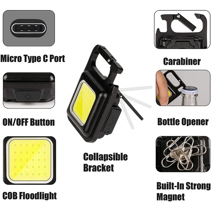 Mini linterna LED USB, luz de trabajo, llavero portátil, COB, luz de mantenimiento de coche, luz nocturna de emergencia para el hogar