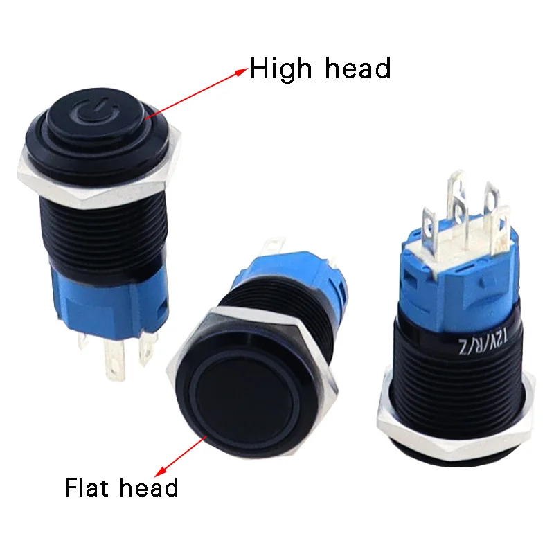 

12mm 16mm 19mm 22mm High Head Led Metal Button with Light Waterproof Reset Self Locking Oxidized Black Power Symbol Switch