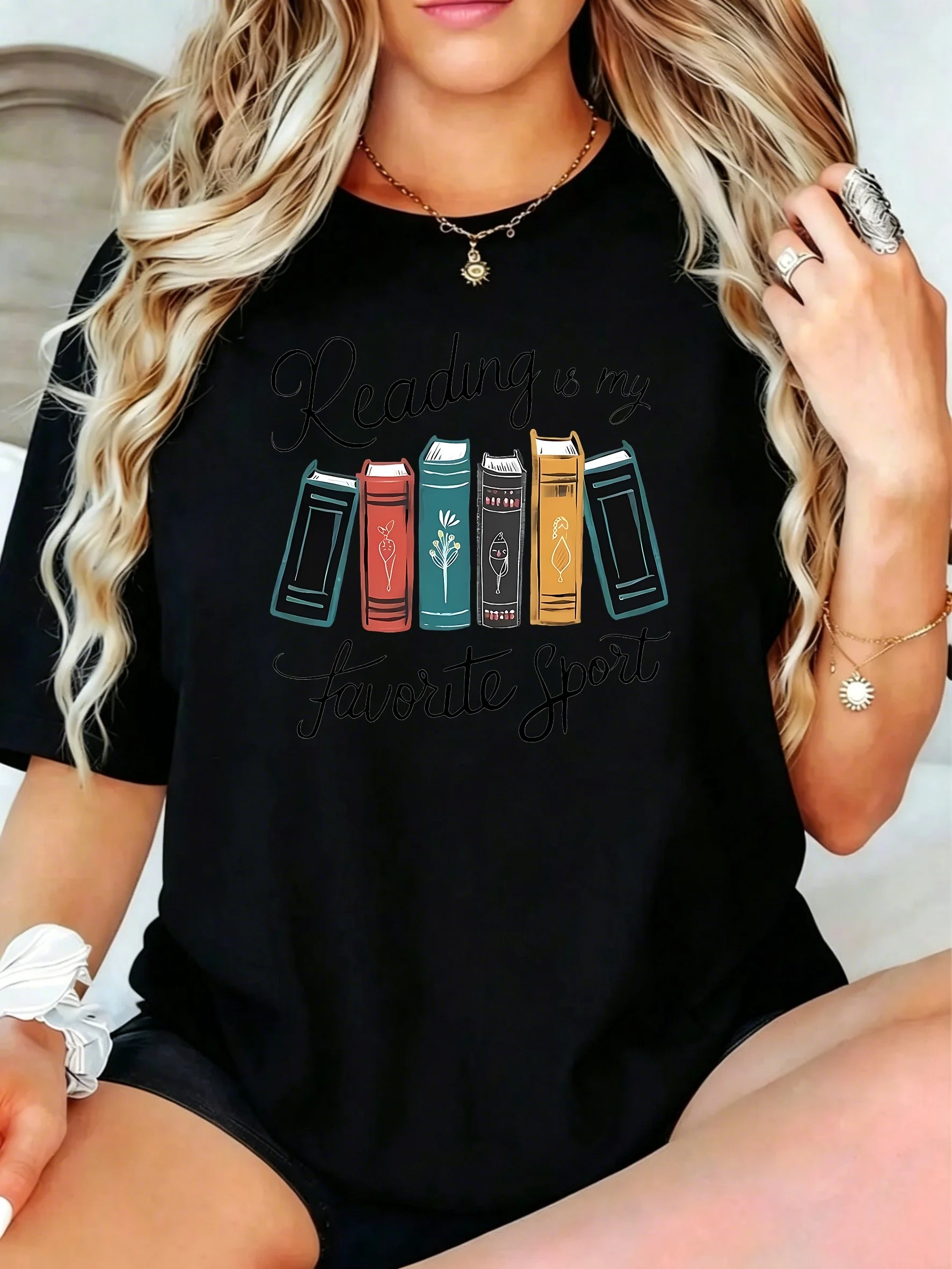1Pcs Plus Size Women T-Shirt, Reading Is My Favorite Sport with Books Pattern Shirt, Loose Type Shirt for Women