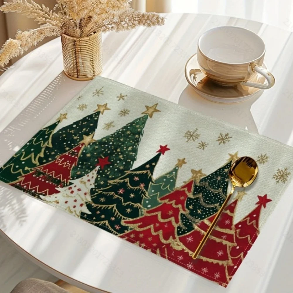 

4pcs Christmas Tree Table Placemat Linen Table Placemats For Dining Table Washable Table Mats For Christmas Holiday