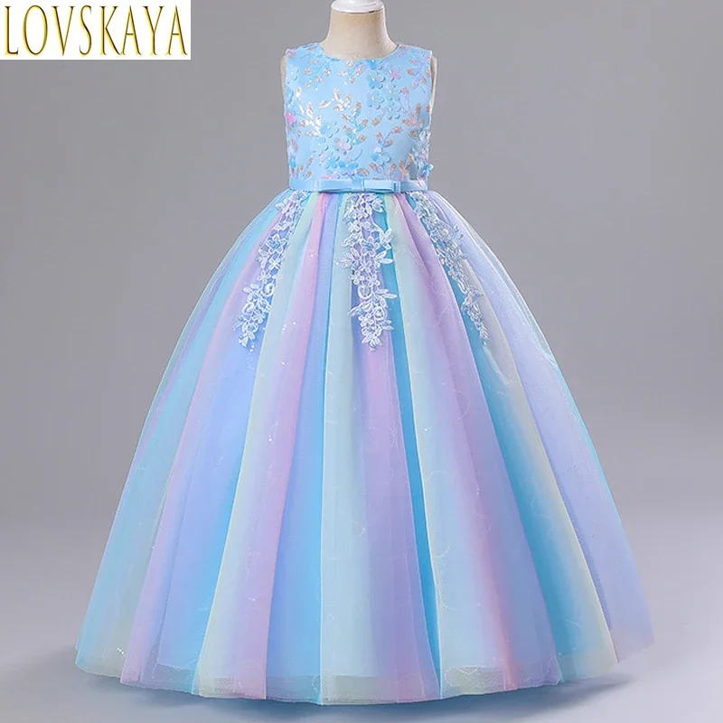 Girl's Sequin Princess Dress 4-12 Year Old Embroidered Colored Mesh Long Dress Flower Boy Ball Evening Dress Halloween