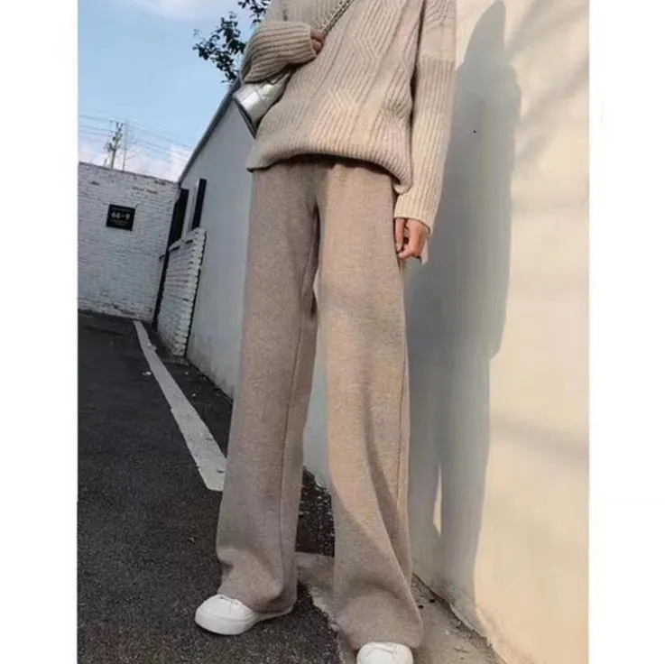 Loose Knitted Sweater High Waist Wide Leg Pants plus Size Solid Color White Floor Length Trousers Women's Autumn Fashion E11128