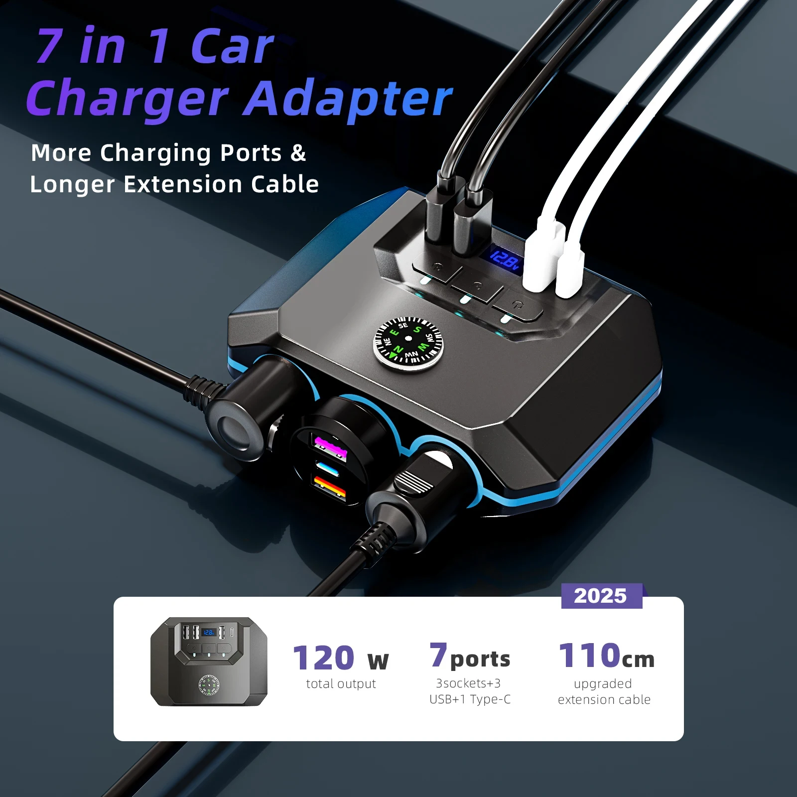 120W 12-24V Car Cigarette Lighter Splitter Adapter Auto 3 USB PD Power Socket With ON/OFF LED Voltage with Compass Car Charger