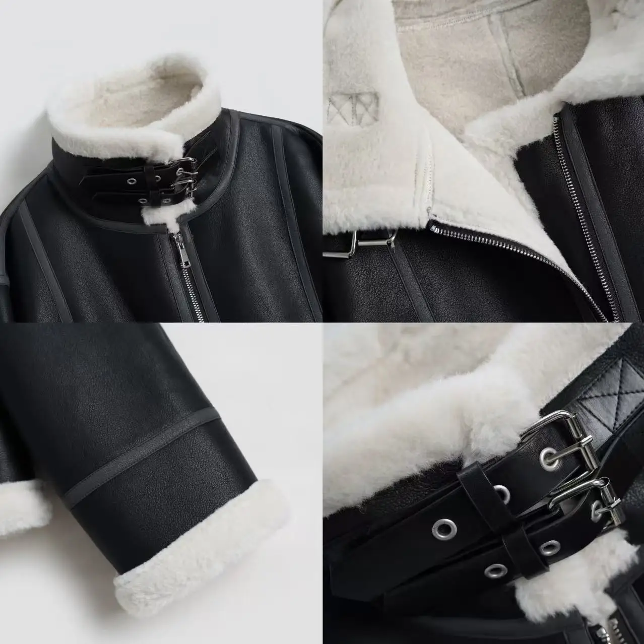 2025 الخريف الشتاء ركاب نمط المرأة السوداء بدوره إلى أسفل طوق سليم صالح صوف الضأن قصيرة تنوعا سترة جلدية عادية