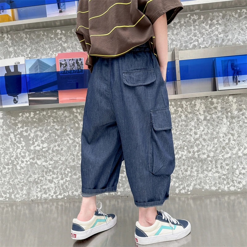 Korean Kids Casual Denim Cargo Shorts With Side Pocket For Tween Boy Summer Casual Bottons Teens Child Jeans Capris Pants 5-14Y