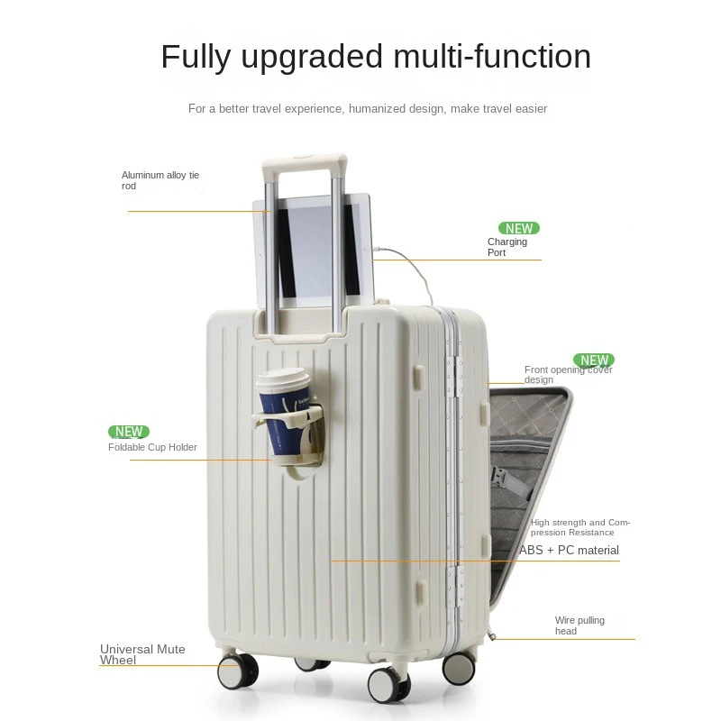 Travel Suitcase Rolling Luggage Zipper Aluminum Frame Boarding Trolley Case With wheels Carry-on Luggage with Cup holder