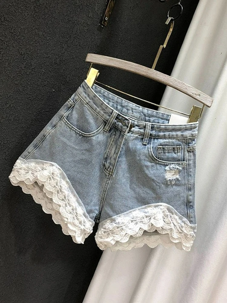 Retro European Korean Loose Slimming Design Splice Lace Wide Leg Jeans orts Women Summer New Sle Casual High Waist ort ...