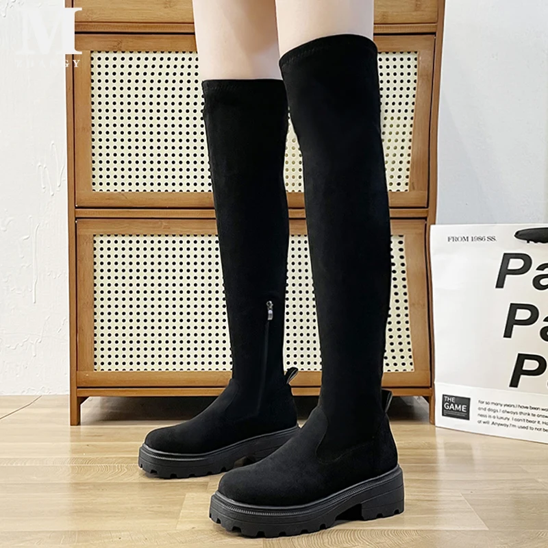 Bottes hautes épaisses au-dessus du genou pour femmes, chaussures à plateforme, bottes de créateur confortables, chaussures modernes, optique d'hiver, nouvelle tendance, 2025