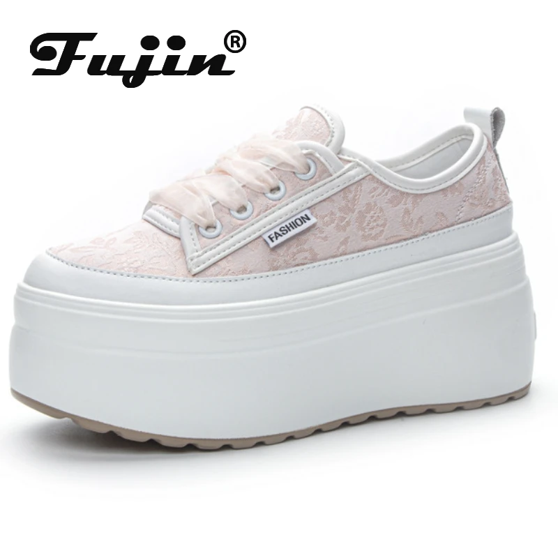 

Fujin 8cm Denim Print Cloth Synthetic Leather Autumn Casual Chunky Sneaker Pumps Comfy Platform Wedge High Brand Spring Shoes