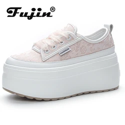 Fujin 8cm Denim Print panno in pelle sintetica autunno Casual Chunky Sneaker pompe comode scarpe primaverili di marca con zeppa piattaforma alta