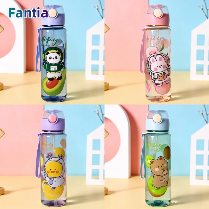 

700ML Fruit&Animal Cartoon Water Bottle, Plastic Material,Durable,Bright &Fashionable, with Kiwi, Peach, Orange&Avocado Patterns