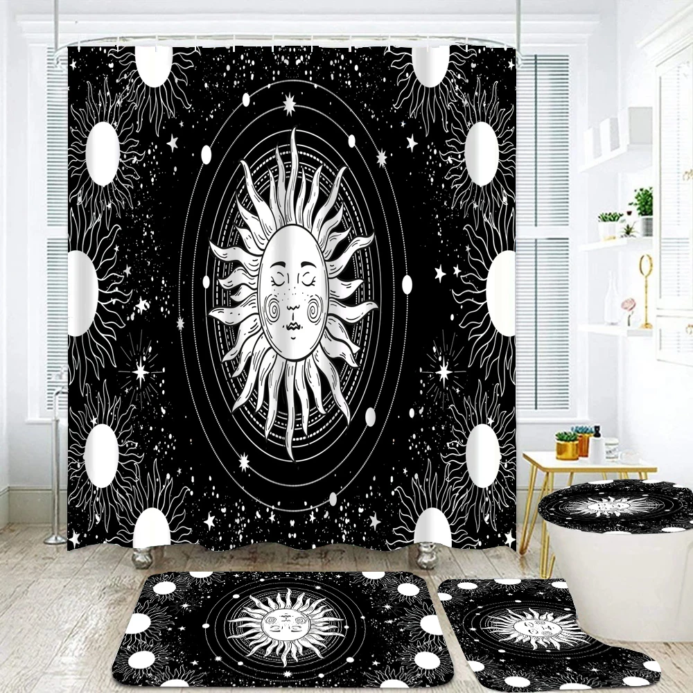 Psychedelic Sun Moon and Sun God Bohemia Shower Curtain Set Waterproof Bathroom Curtain Toilet Cover Bath Non-Slip Mat Rug Decor