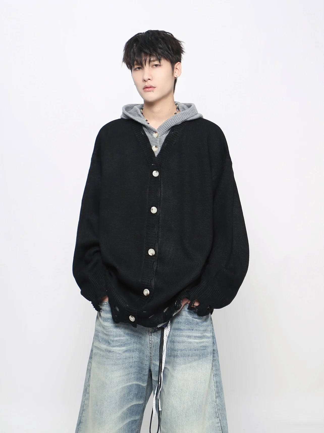 Spring and Autumn New American Retro Fake Two-Piece Brown Hooded Knitted Sweater Men Black Casual Cardigan Sweater