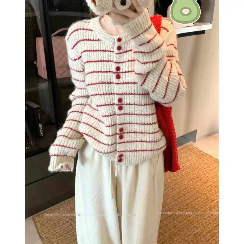 

Sweater Knitwear Women's Soft Color Block Round Neck Stripe Sweater Cardigan Women Autumn Gentle Loose Casual Outerwear