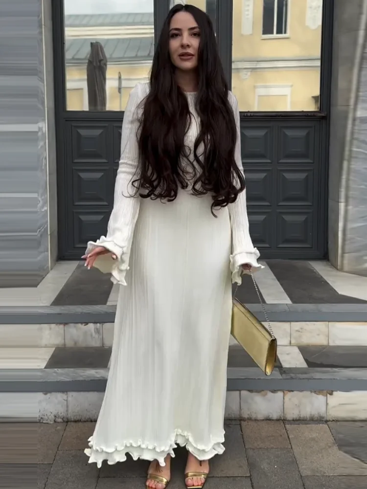 Trendix Knit Elegant Ruffle Maxi Dress Women Summer High Waist Long Sleeve Lace Up Dresses Casual Sexy Backless Knitwear Dress