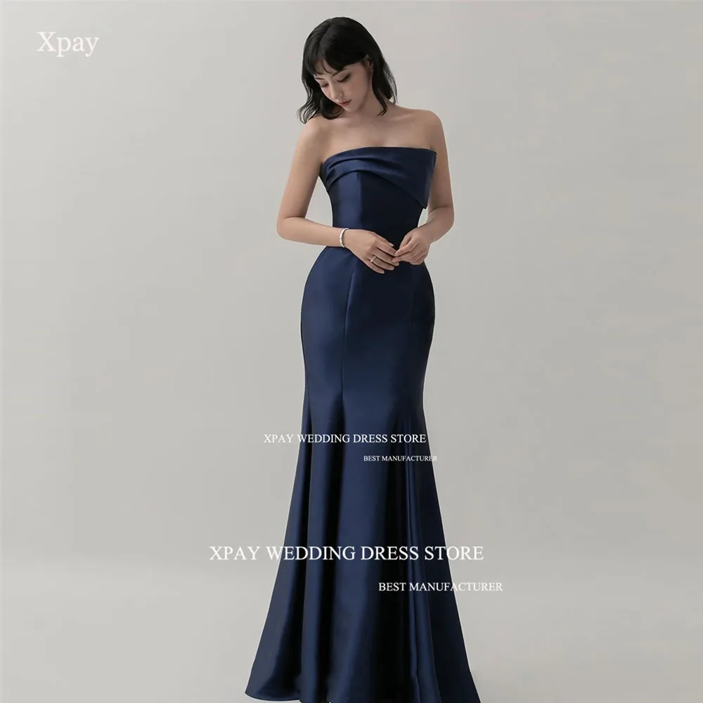 XPAY Elegant Black Mermaid Korea Wedding Dress Strapless Satin Photos Shoot Party Dress Sweep Train Corset Bride Reception Gowns