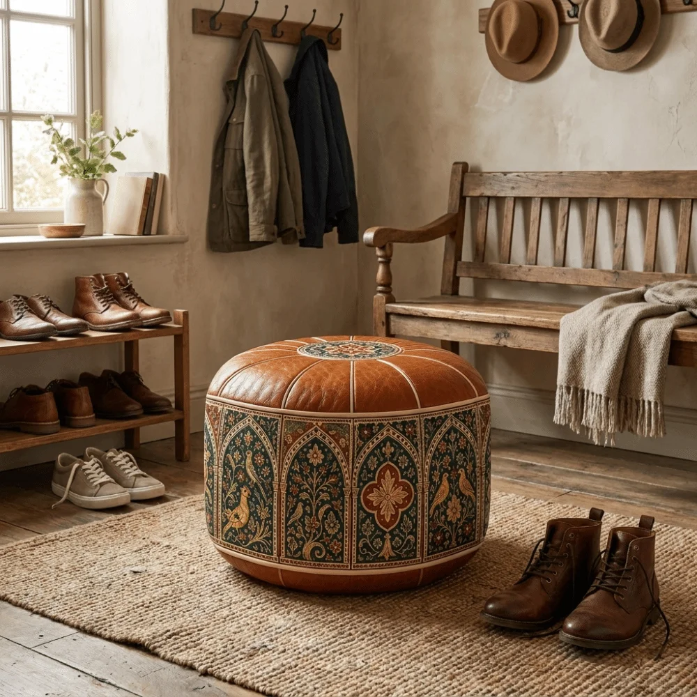 Multipurpose PU Leather Sofa Stool Cover Fillable Round Storage Leg Bench Boho Style Foldable Leather Pouf Shoe-changing