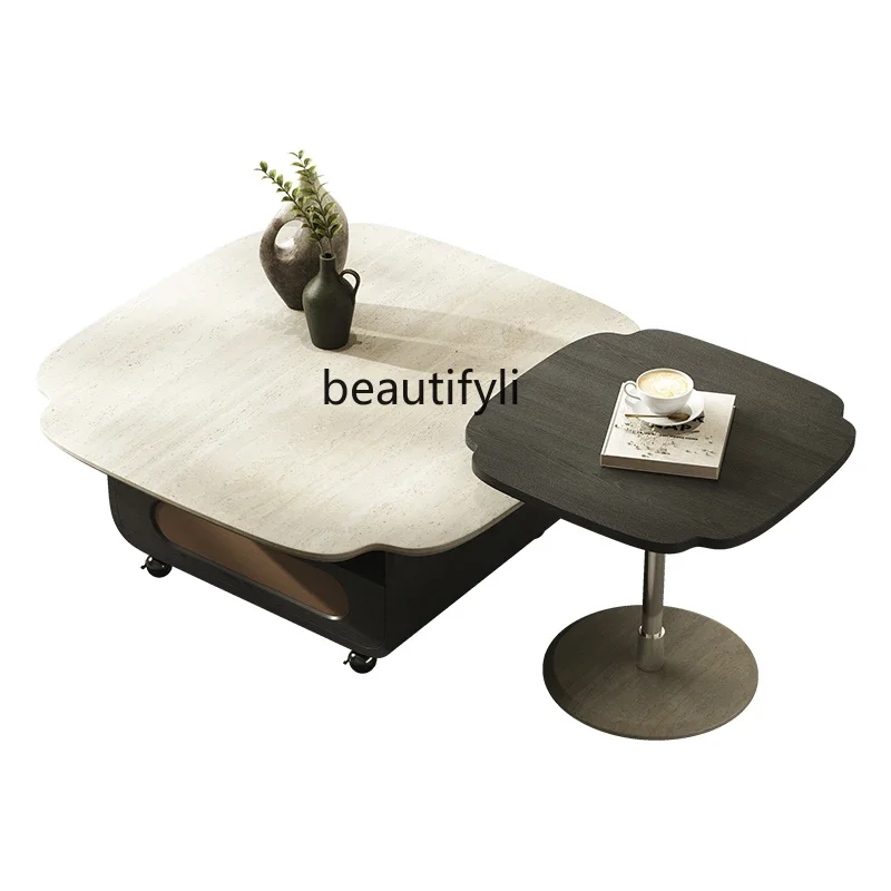 

Natural travertine coffee table high-end marble small apartment French living room household removable tea table