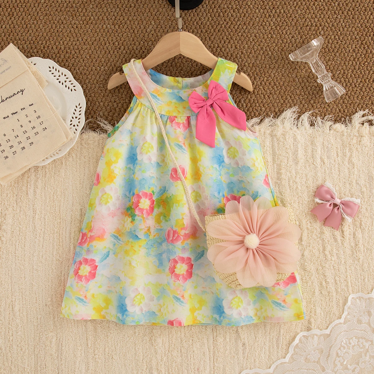 

Summer New Sweet Bow Baby Girl Dress, Colorful Flower Children'S Clothes With Free Bag Suitable For Babies Aged 0-3 Years