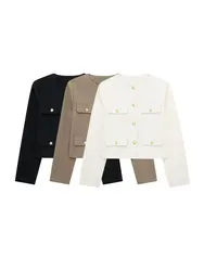 TRAF-Women's Golden Button Jacket Coat, O Neck, Long Sleeve, Female Outerwear, Chic Tops, Fashion