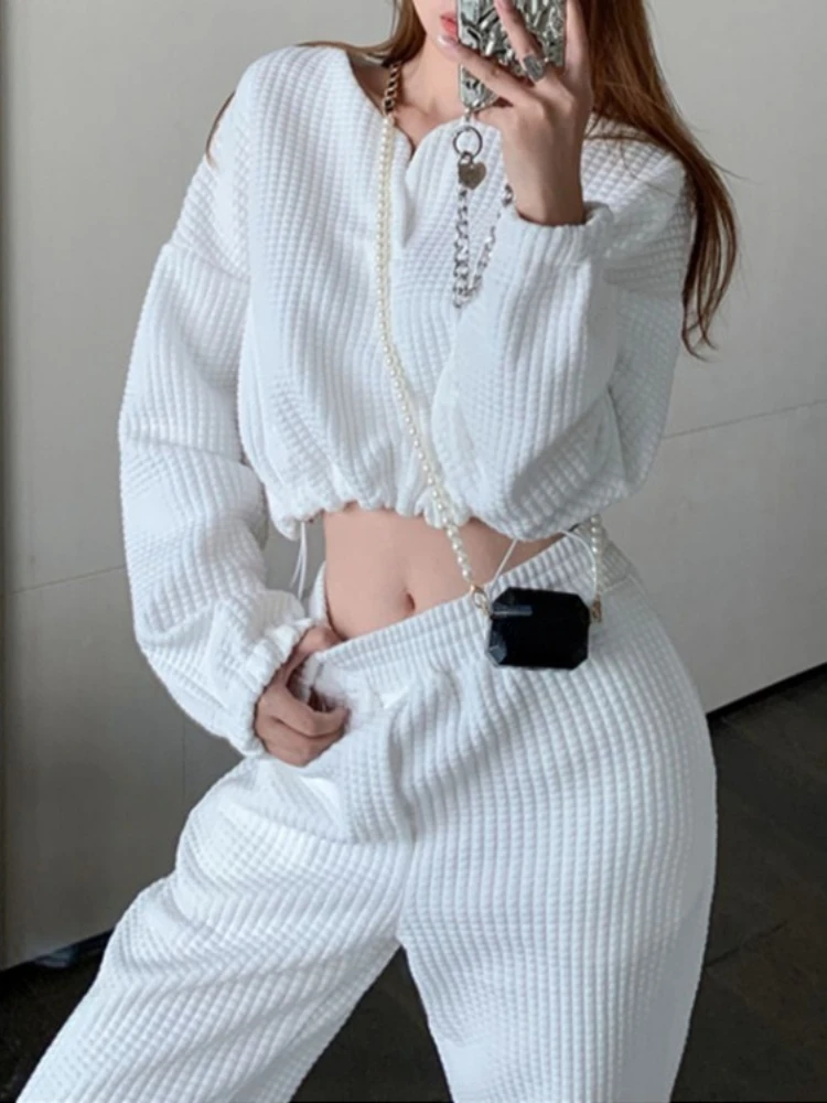 Two Pieces Set Casual Sports Drawstring Fashion Women Cropped Pullovers + Y2k Aesthetic High Waist Loose Solid Mujer Pantalones