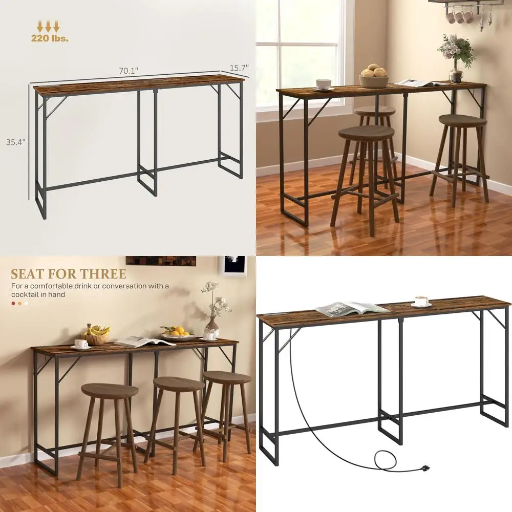 

Прямоугольный обеденный стол в индустриальном стиле 70 с зарядной станцией, коричневый в деревенском стиле