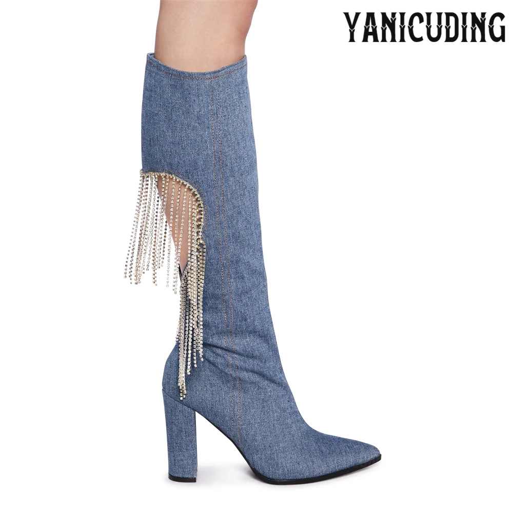 Heart Hollow Rhinestone Fringe Sandal Boots Luxurious Crystal Sexy Chunky Heeled Summer Boots Shiny Pointed to Knee High Boots