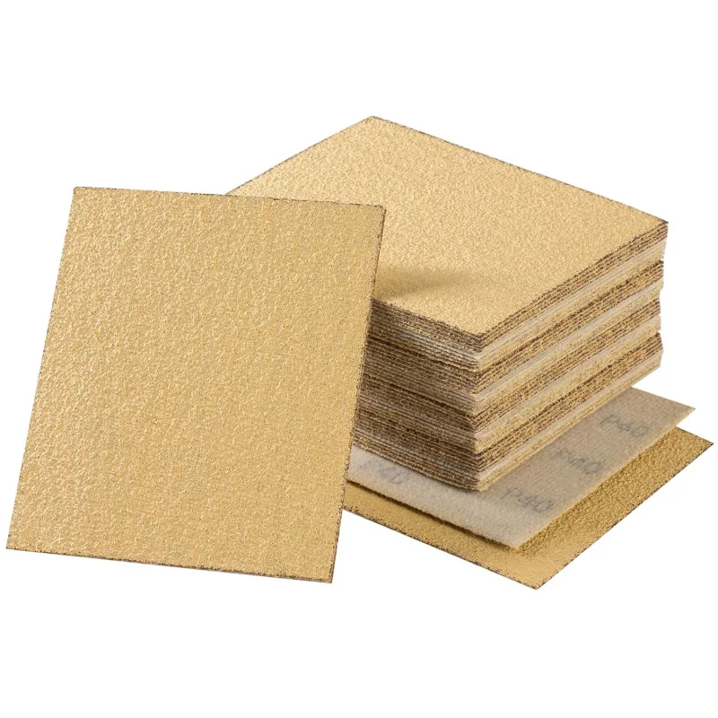 40PCS 1/4 Sheet 4.5 x 5.5 Inch Gold with Hoop and Loop Backing 40 Grit Sandpaper for Palm Sander Sanding