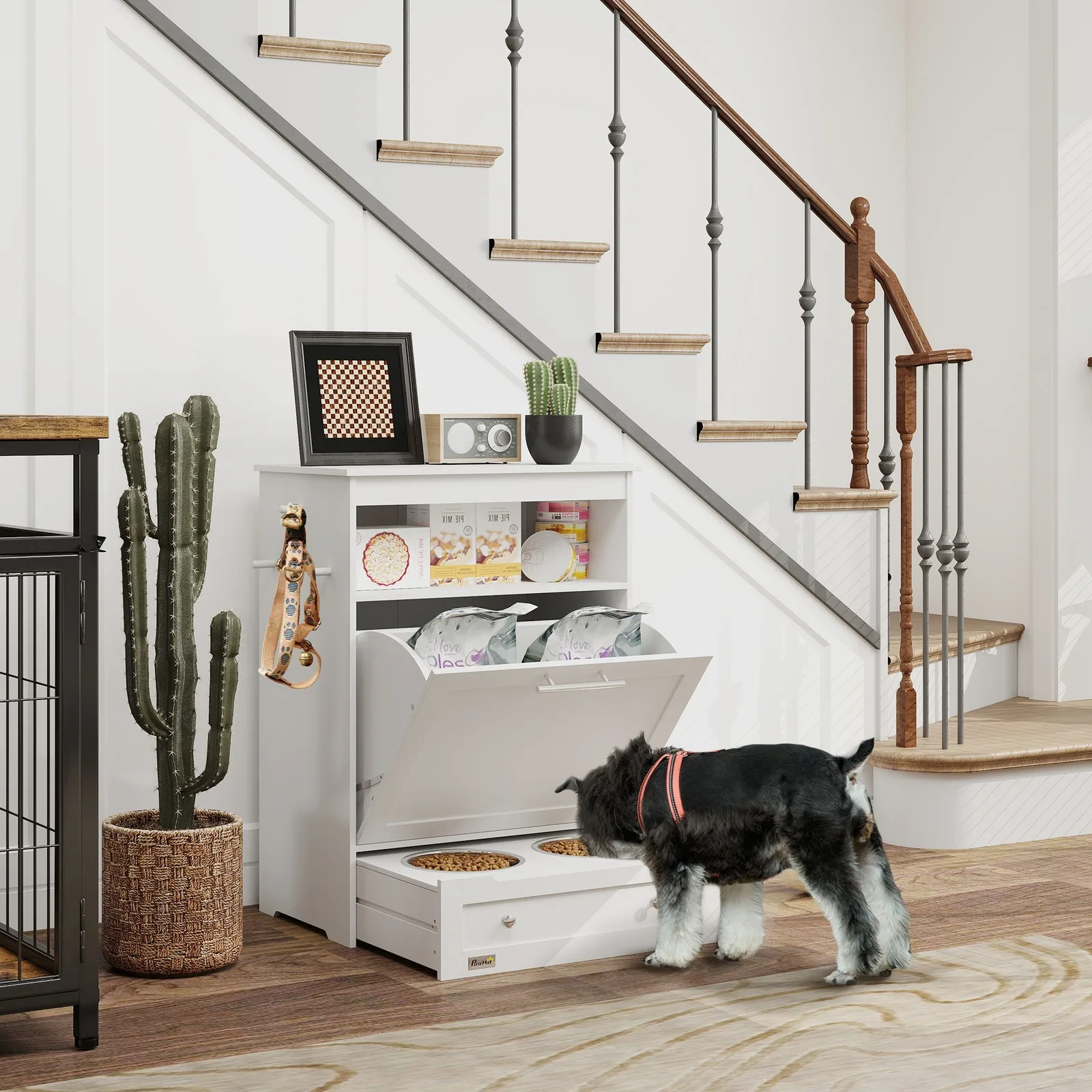 Pet Feeder Station, Dog and Cat Food Storage Feeding Station Food Cabinet White view 2