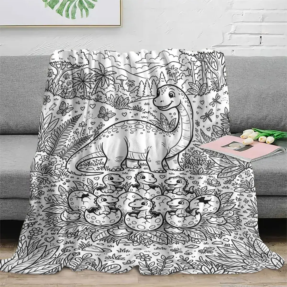 Flannel Dinosaur-Themed Blanket, American Hand-Drawn Line Art Style, Featuring Adorable Adult Brontosaurus And Hatching Dinosaur