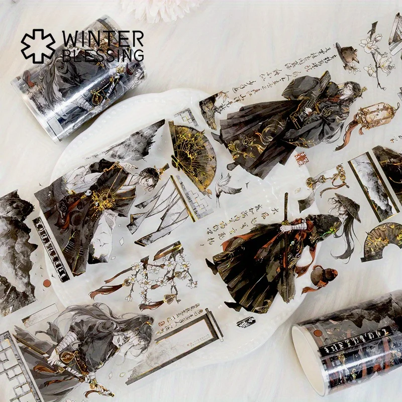 2m Laser Golden Foil PET Washi Tape Ancient StyleTransparent Roll Stickers Decorative Tape For DIY Scrapbooking Journal