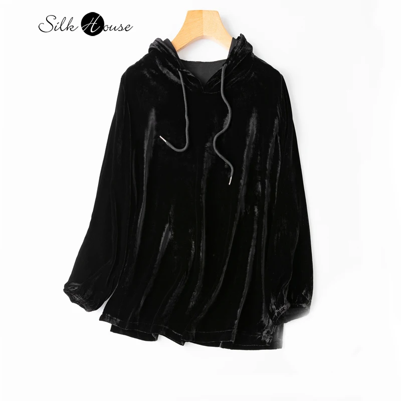 

Versatile Black Casual Style Hooded Silk Velvet Sweater Natural Mulberry Silk Top Coat Long Sleeved T-shirt for Women