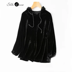 Versatile Black Casual Style Hooded Silk Velvet Sweater Natural Mulberry Silk Top Coat Long Sleeved T-shirt for Women