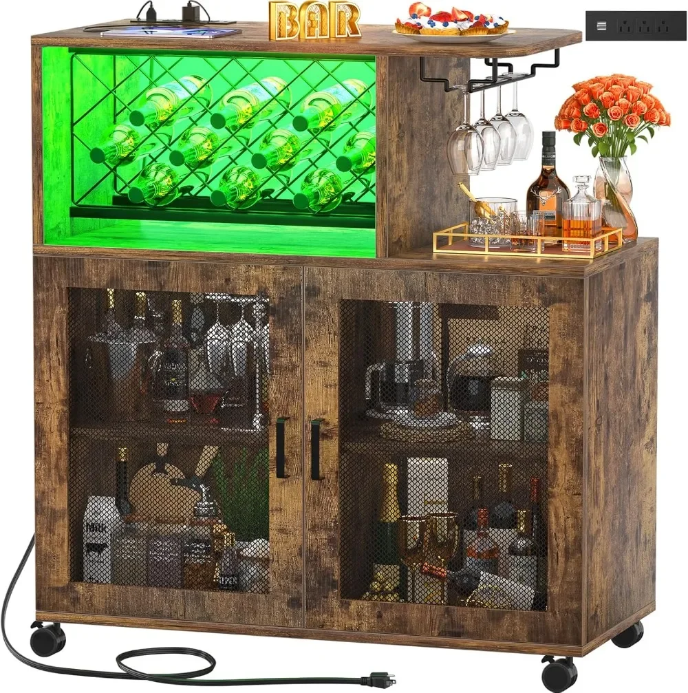 

Wine Bar Cabinet with Wheels, Small Liquor Cabinet with LED Light, Home Bar Cart with Power Outlets, Coffee Bar with Wine Rack,