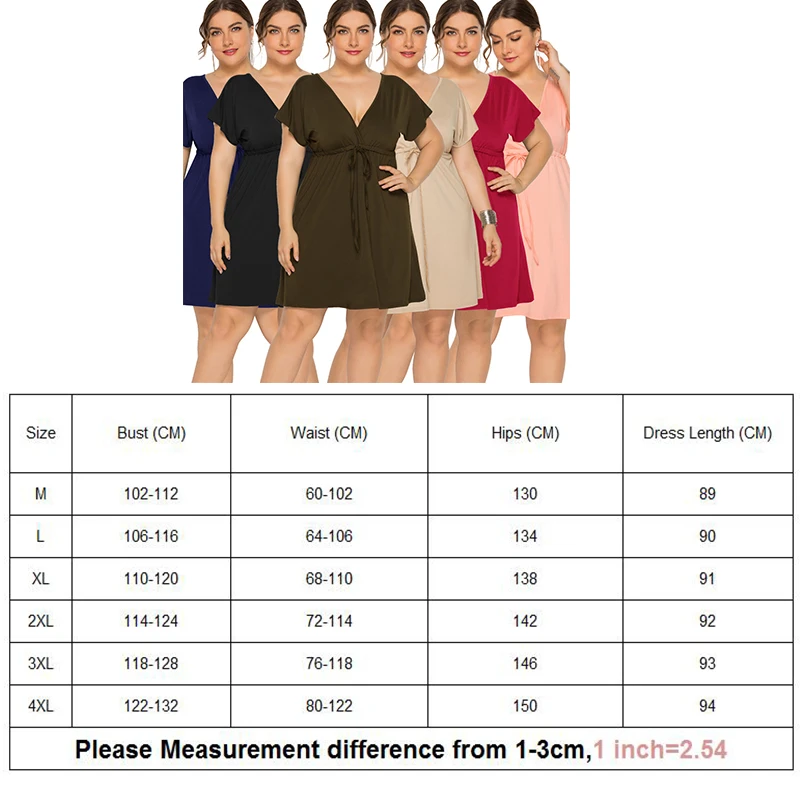 PLUS SIZE V Neck Short Sleeve Mini Dress Women Sundress Sexy Elastic Waist Frenulum Dresses Casual Loose Pullover Clothing