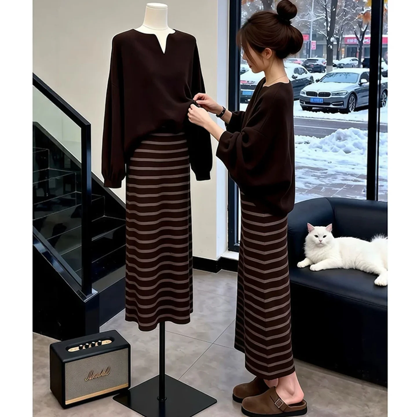Original High Quality Winter Knitted Sweater And Stripe  Skirt Women's Set Casual Sportswear Three Piece Suite Female Model