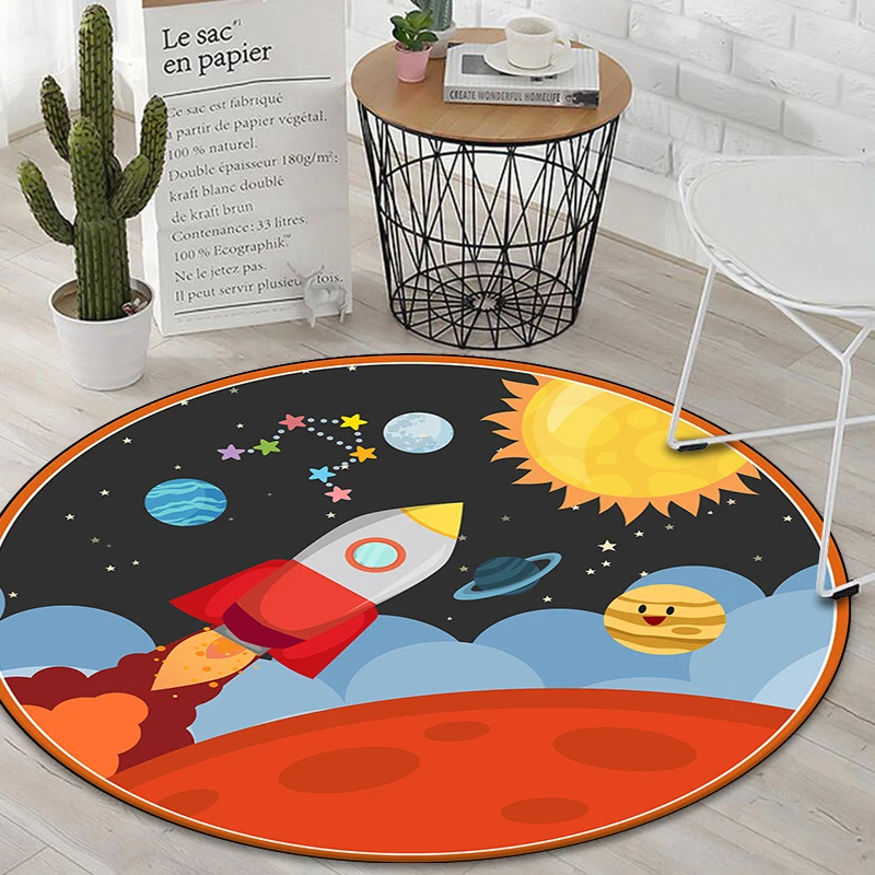 Universe Planet Round Bedroom Carpets Space Print Play Rug Boys Kids Cartoon Cars Living Room Area Rug Carpet Flannel Chair Mat