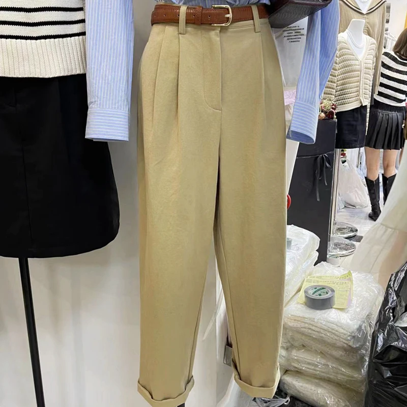 High Waist Straight Leg Pants Women's Cuffed Wide Leg Pants Early Autumn New Khaki Workwear Casual Suit Pants Trendy