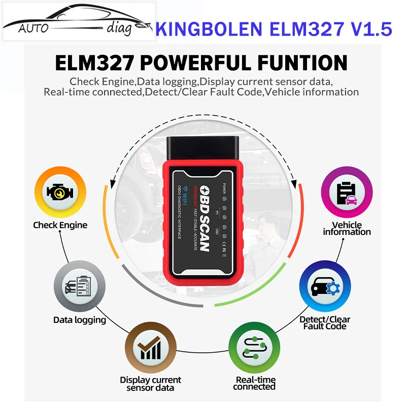 

KINGBOLEN ELM327 Bluetooth-compatible V1.5 PIC18F25K80 ATAL & ATPPS 4mHz Crystal Wifi For Android/IOS Torque OBDII Code Reader