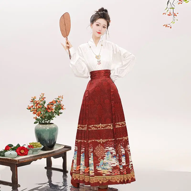 Hanfu tradisional Cina Set Wanita rok wajah kuda Set harian tambal sulam cetak musim dingin musim semi Cosplay gaun Cina