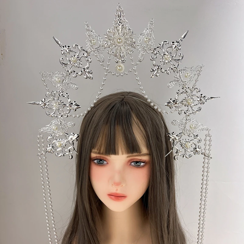 Lolita metal Sun Goddess Crown headwear Virgin Apollo pearl exaggerated halo Pope headwear outfit 3