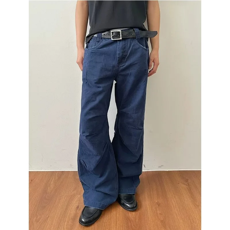 Calças Jeans Workwear Azul Lavado Unissex, Corte Reto e Perna Larga, com Efeito Dobrado, Casual e Versátil, Cintura Média, em...