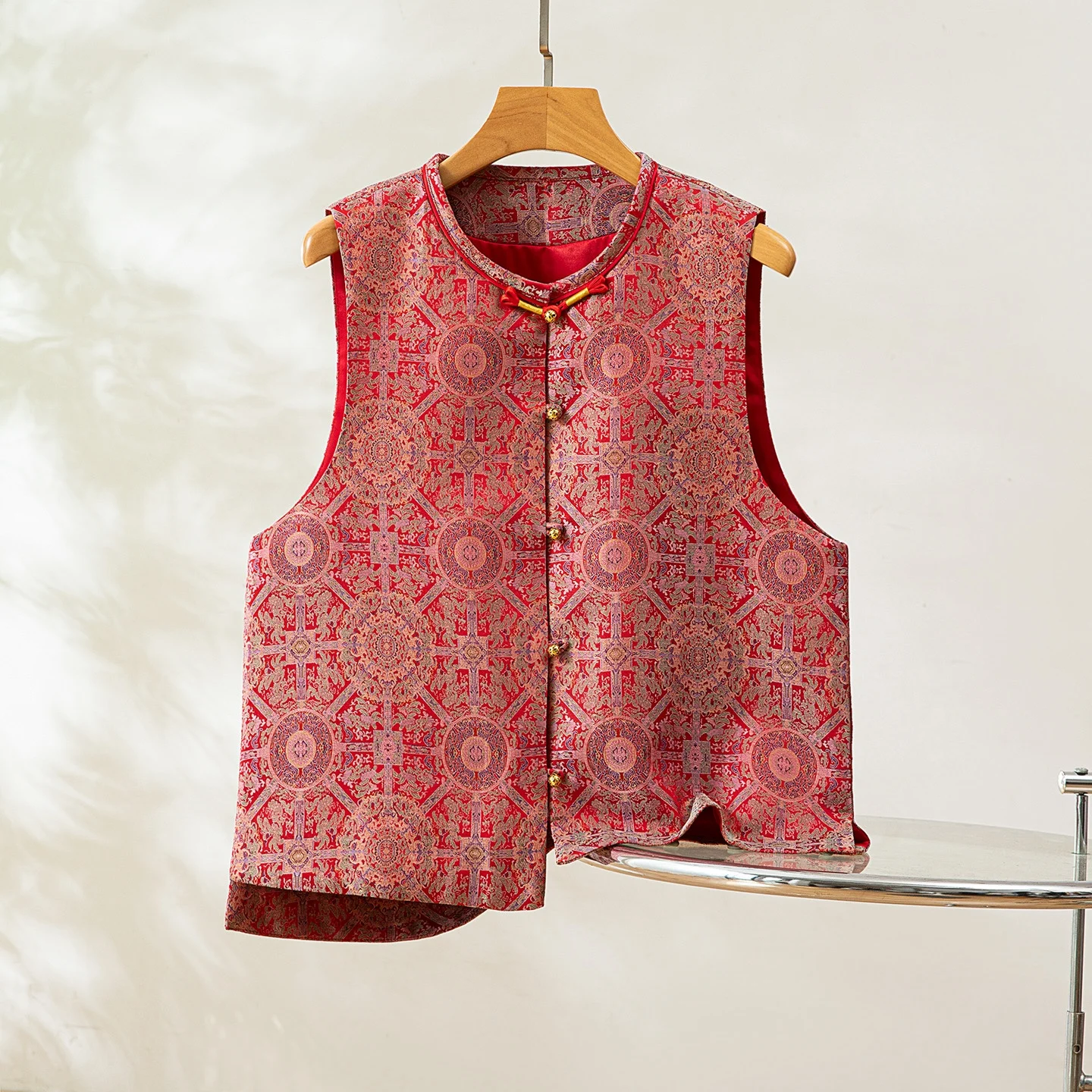 

Red Eight Pass S Silk Silk Song Jin Круглый женский жилет на пуговицах Ne, верхняя одежда, модный китайский национальный сле