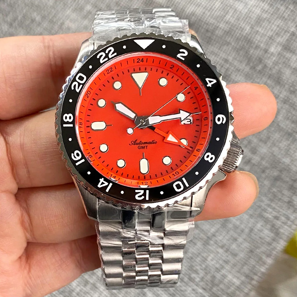 SSKX001 Orange NH34 GMT Dive Steel Mechanical Watches Men NH34 Movt 3.8 Crown 24 Hour Sports Chapter 120clicks Bezel 200m