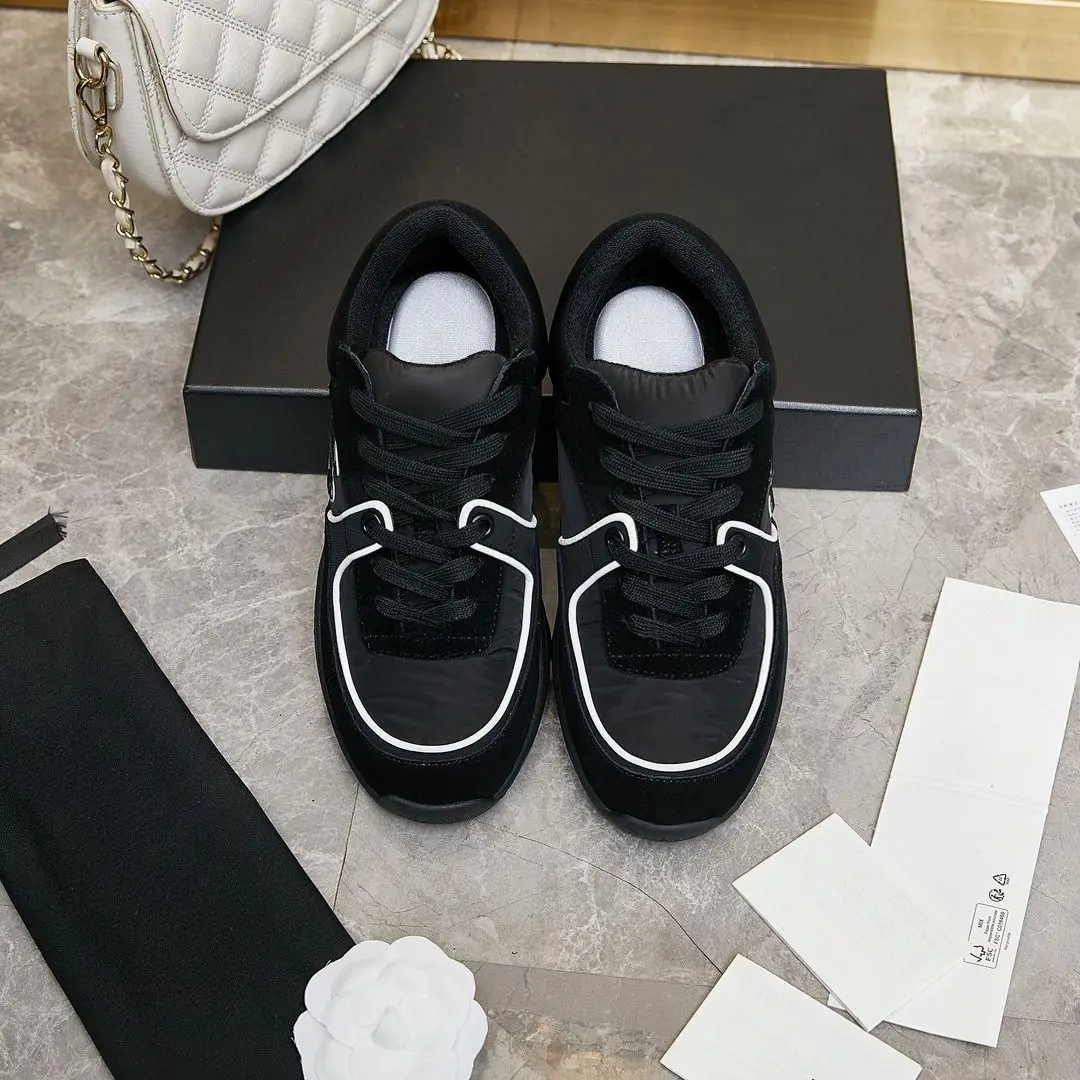 Men Women All‑Black Contrast‑Piping Sneakers Mixed‑Material Upper Wear‑Resistant Non‑Slip Daily Walking Shoes