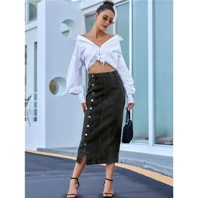 Hot Kf-femmes décontracté fente Denim Midi Jean jupe Stretch taille haute effiloché boutonné noir L